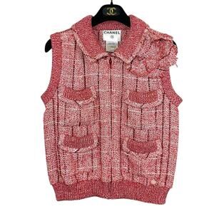 Chanel Vintage Karl Lagerfeld Spring 2001 Red White Sequin Tweed Vest FR 38 US 6